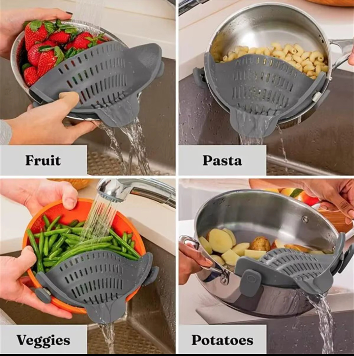 Snap-On Silicone Pot Strainer and Colander – Universal Clip-On Heat-Resistant Pasta Liquid Drainer for Saucepans, Skillets, and Mixing Bowls 2