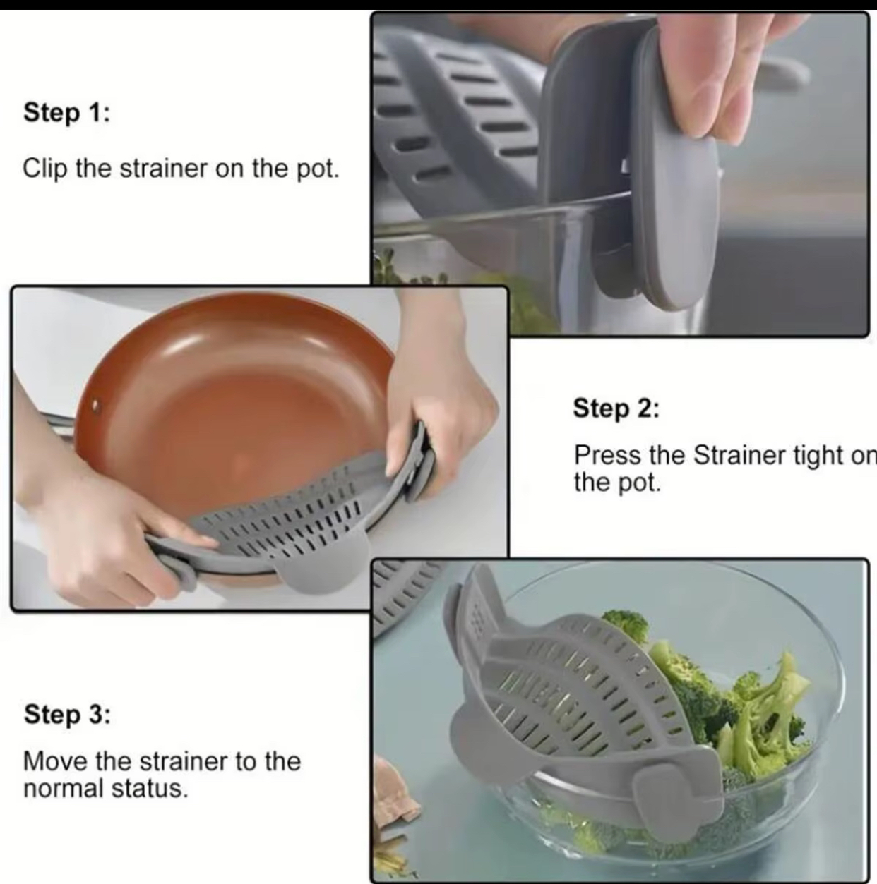 Snap-On Silicone Pot Strainer and Colander – Universal Clip-On Heat-Resistant Pasta Liquid Drainer for Saucepans, Skillets, and Mixing Bowls 3