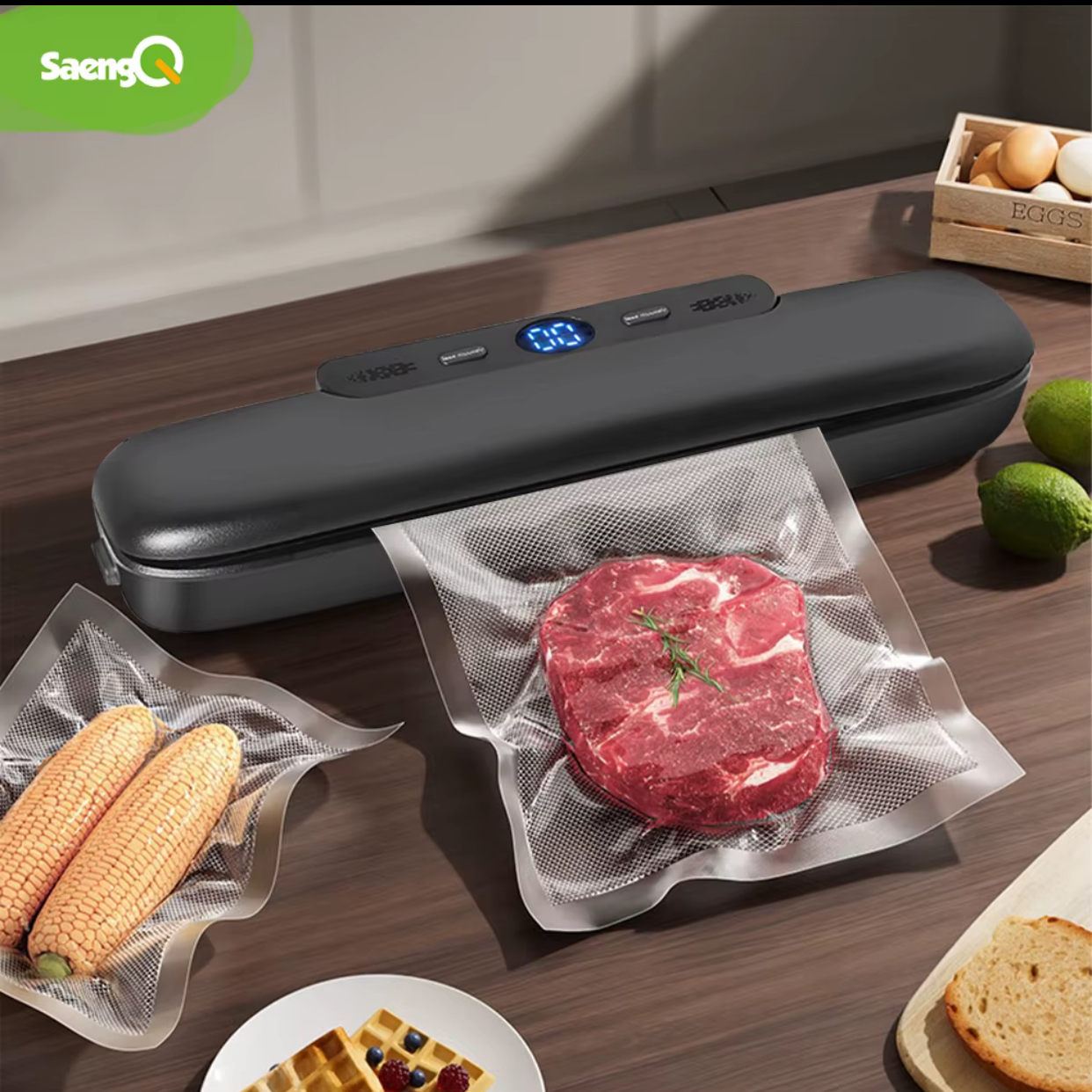 SaengQ Automatic Food Vacuum Sealer Machine – Intelligent Commercial Home Food Preserver with Digital LED Display, One-Touch Dry/Moist Sealing Modes, and Starter Bags