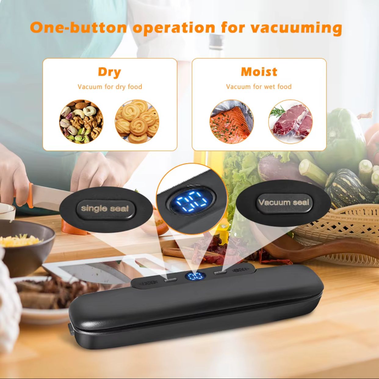 SaengQ Automatic Food Vacuum Sealer Machine – Intelligent Commercial Home Food Preserver with Digital LED Display, One-Touch Dry/Moist Sealing Modes, and Starter Bags 2