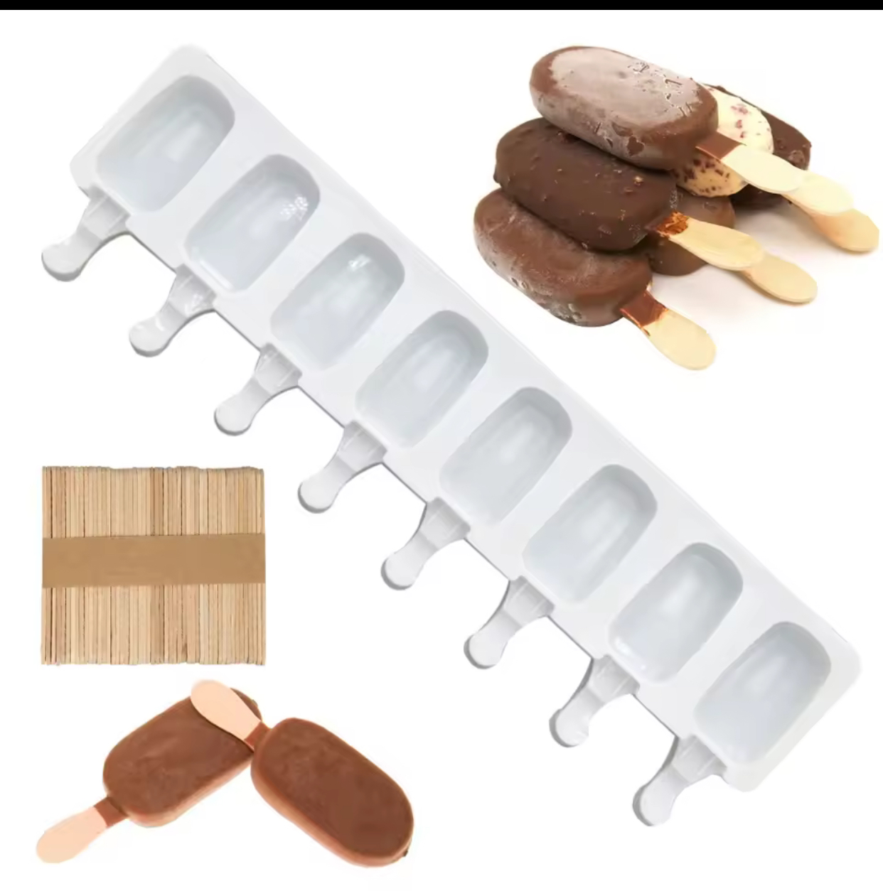 8-Cavity Silicone Mini Ice Pop Mold Kit – Flexible Homemade Popsicle and Ice Cream Cake Maker with Wooden Craft Sticks Set