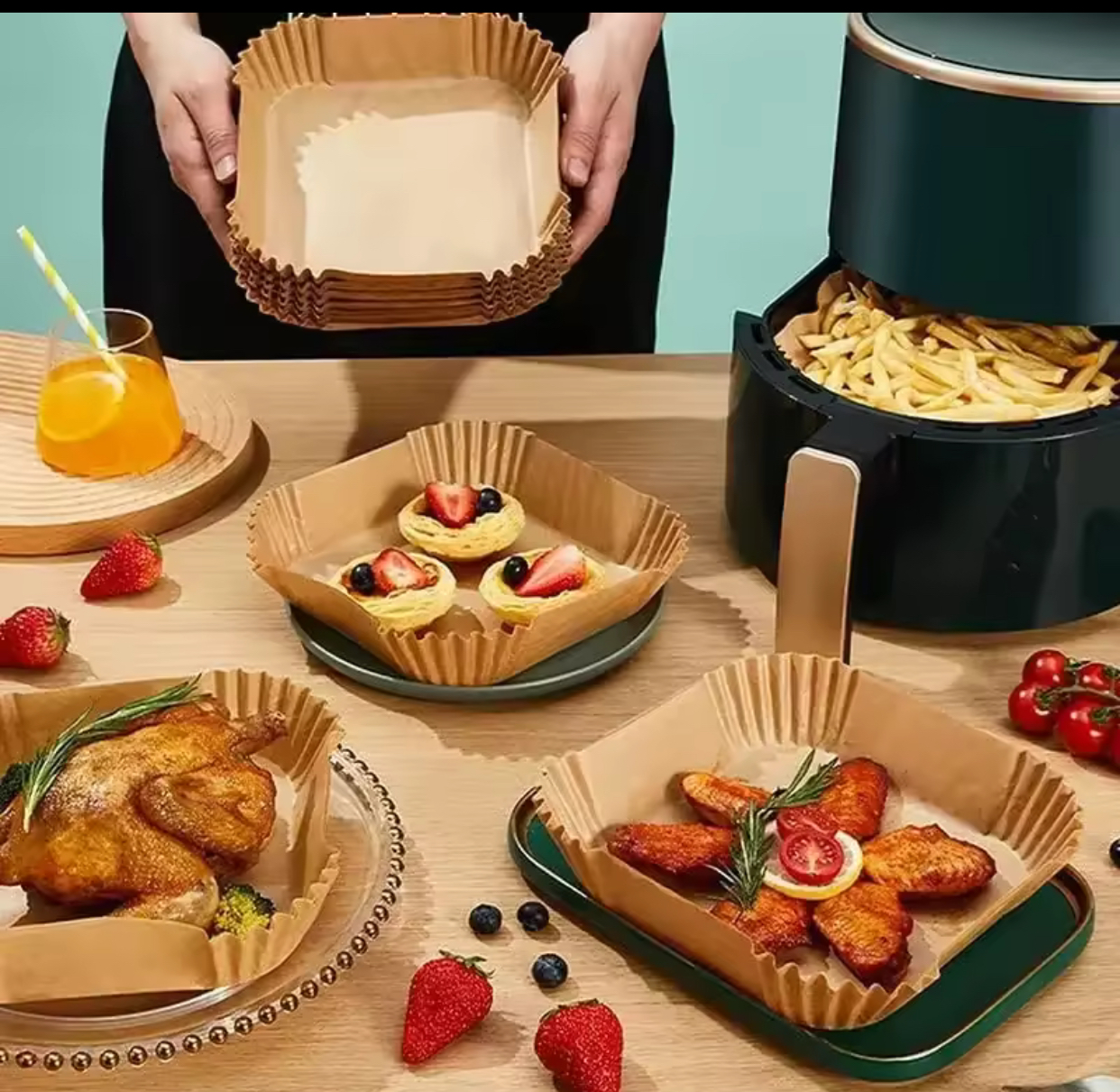 Square Disposable Air Fryer Paper Liners – Non-Stick Water-Proof Parchment Paper Baskets for Baking, Roasting, and Microwave Cooking (Multi-Size Pack) 2