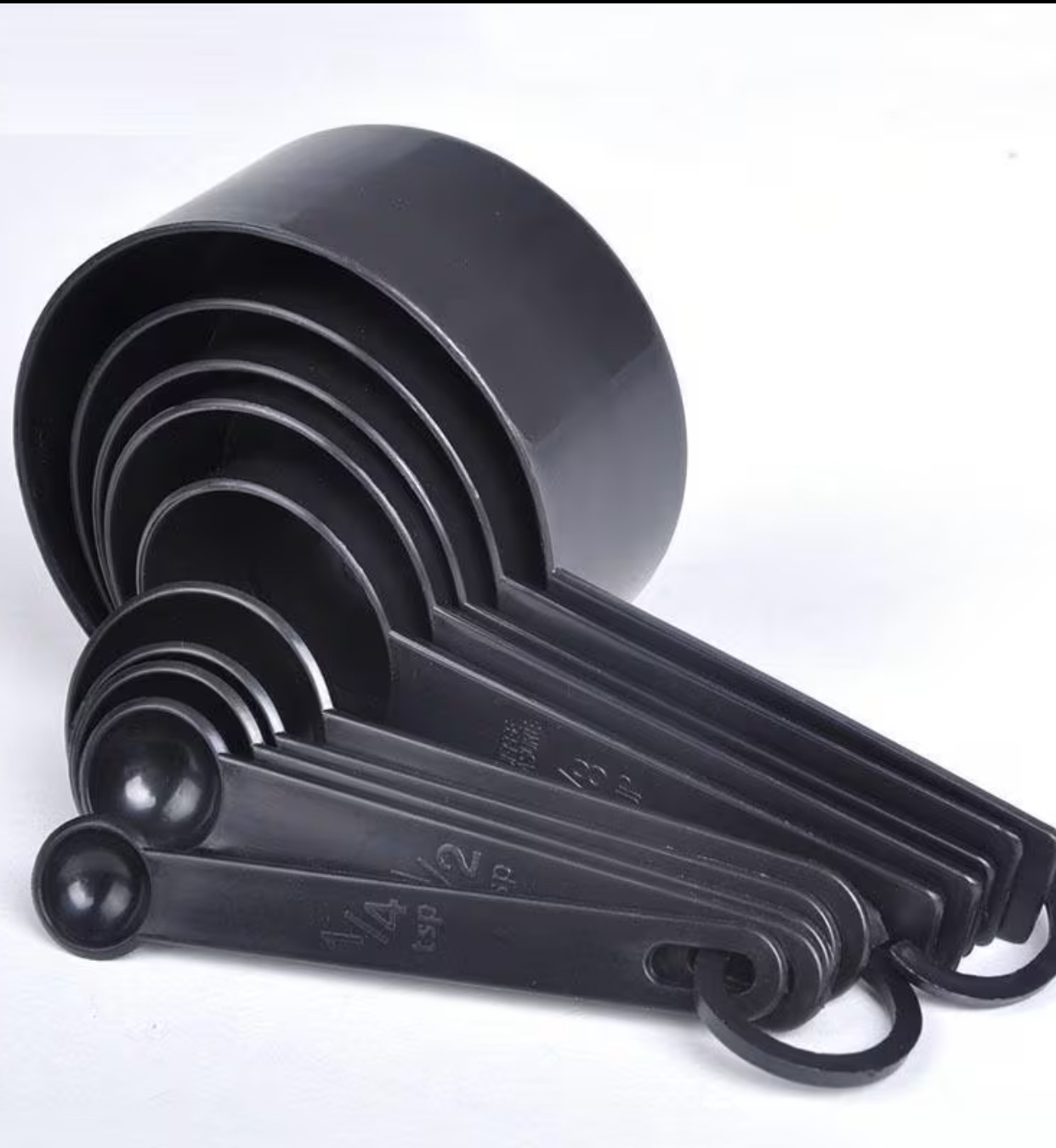 10-Piece Matte Black Measuring Cups and Spoons Set – Nesting Plastic Kitchen Set with Storage Rings for Baking and Cooking