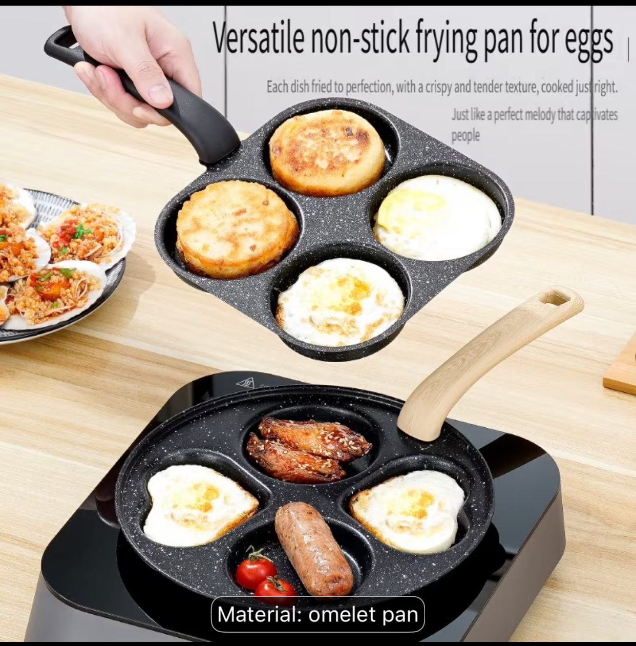 4-Cup Non-Stick Granite Omelet Pan – Divided Cast Aluminum Egg Frying Cookware with Heat-Resistant Stay-Cool Handle 3