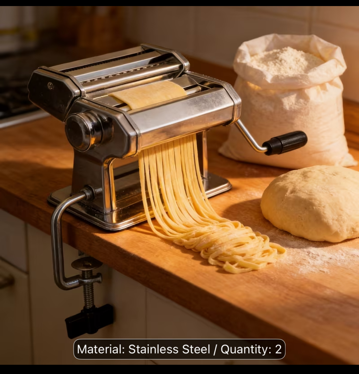 Stainless Steel Manual Pasta Maker Machine – Heavy-Duty Fresh Dough Roller and Cutter with Adjustable Thickness Settings and Table Clamp