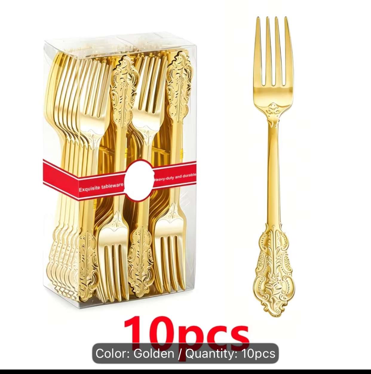 10-Piece Vintage Filigree Gold Plastic Dessert Forks – Heavy-Duty Disposable Tasting Cake Forks for Weddings and Upscale Parties