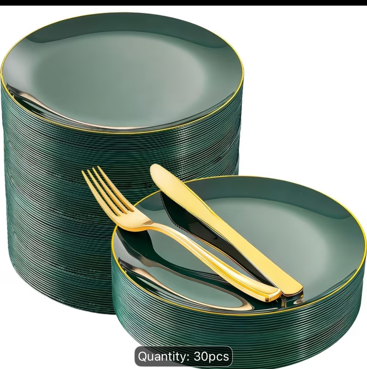 30-Piece Emerald Green and Gold Rim Plastic Plate Set – Elegant Disposable Round Dinner Plates for Catering and Special Events