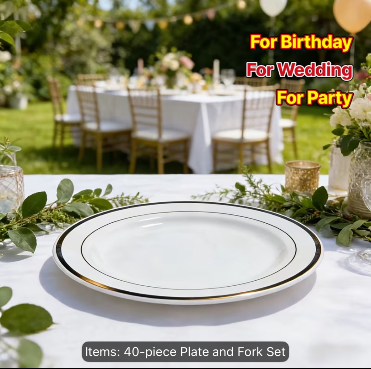 40-Piece White and Gold Rim Plastic Plate and Fork Set – 20 Elegant 7.5-Inch Salad Plates and 20 Matching 7.3-Inch Metallic Dinner Forks