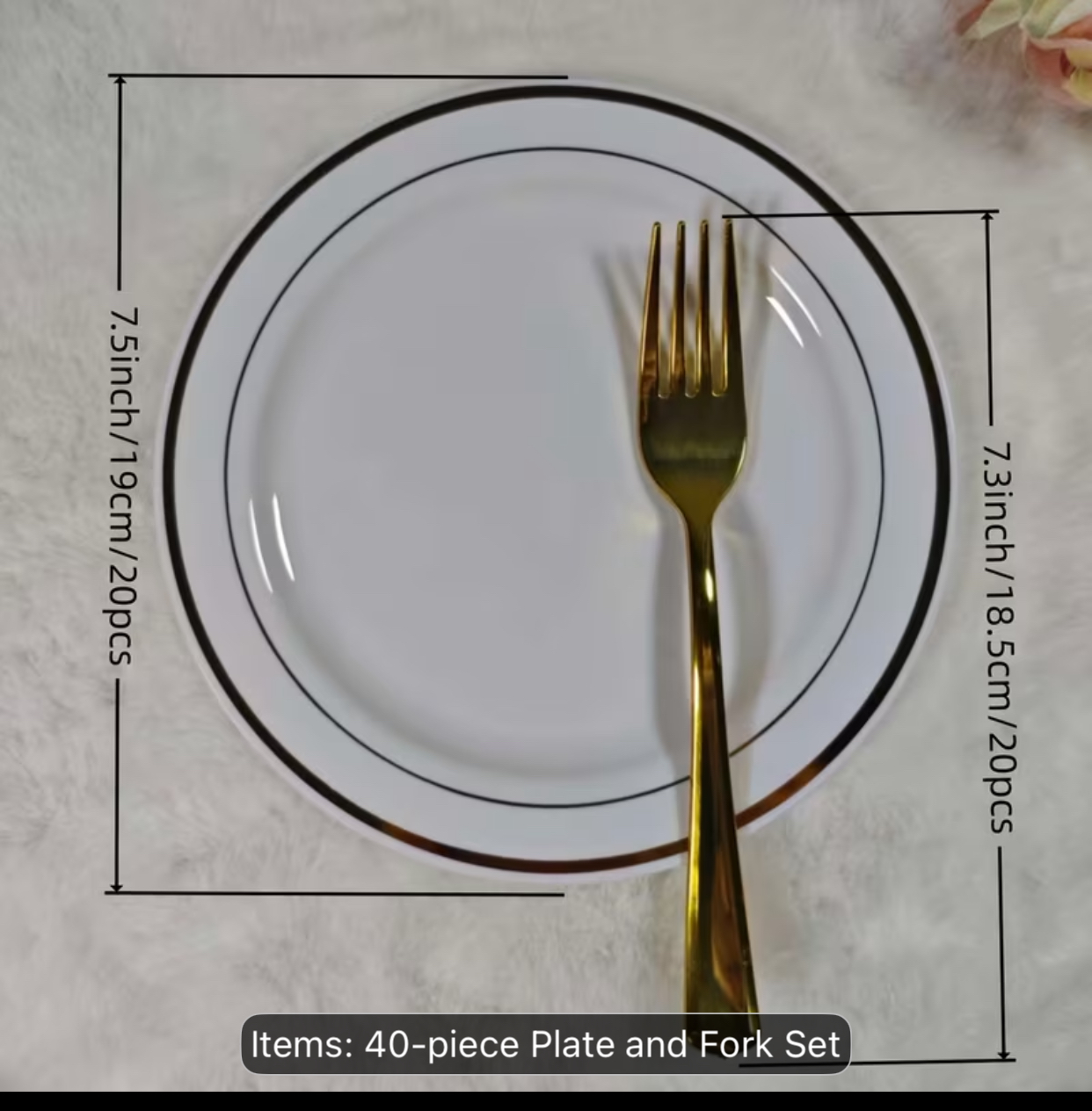 40-Piece White and Gold Rim Plastic Plate and Fork Set – 20 Elegant 7.5-Inch Salad Plates and 20 Matching 7.3-Inch Metallic Dinner Forks 3