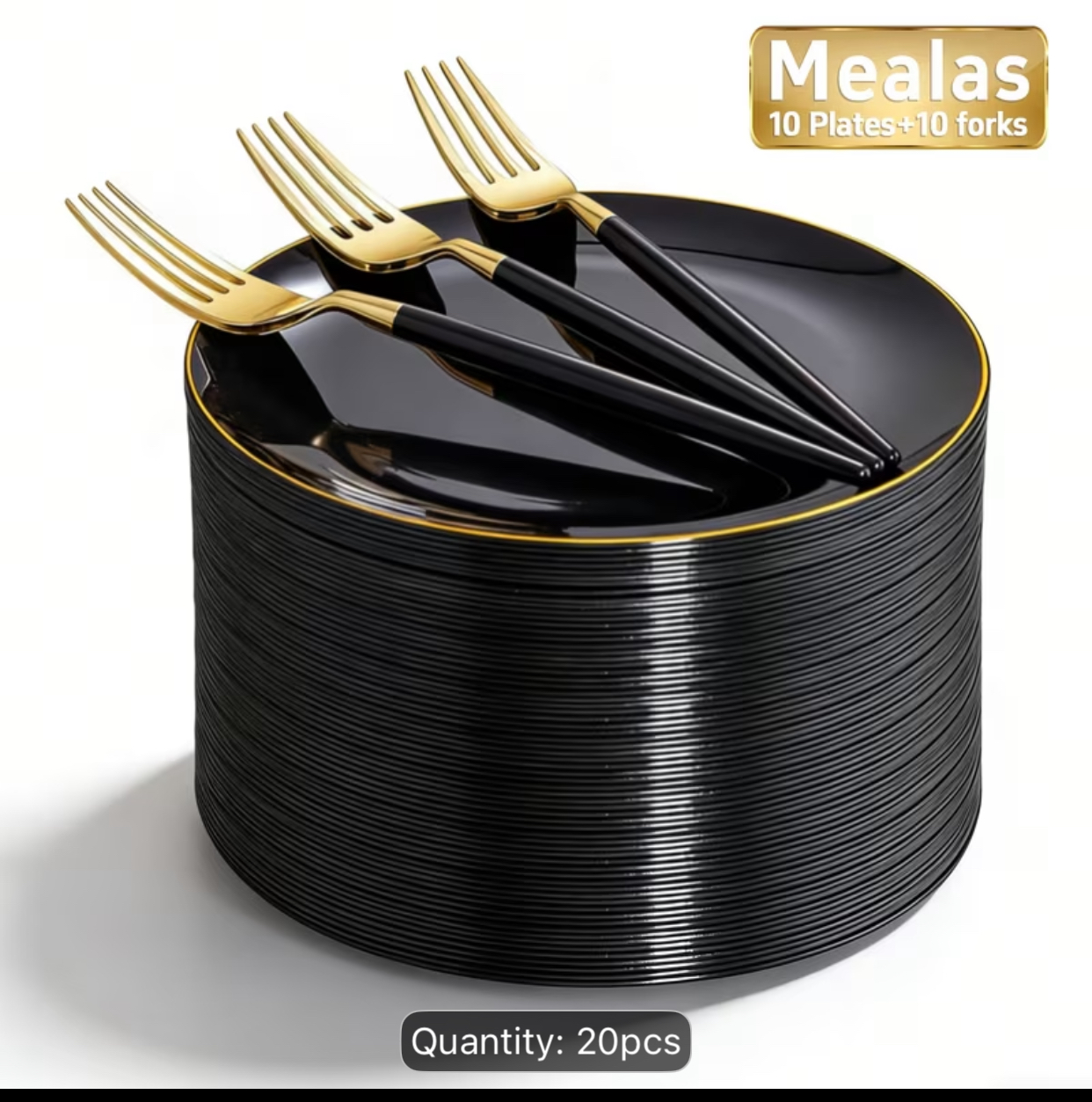 20-Piece Glossy Black and Gold Tableware Set – 10 Elegant Gold-Rimmed Dinner Plates and 10 Two-Tone Black-Handled Metallic Dinner Forks