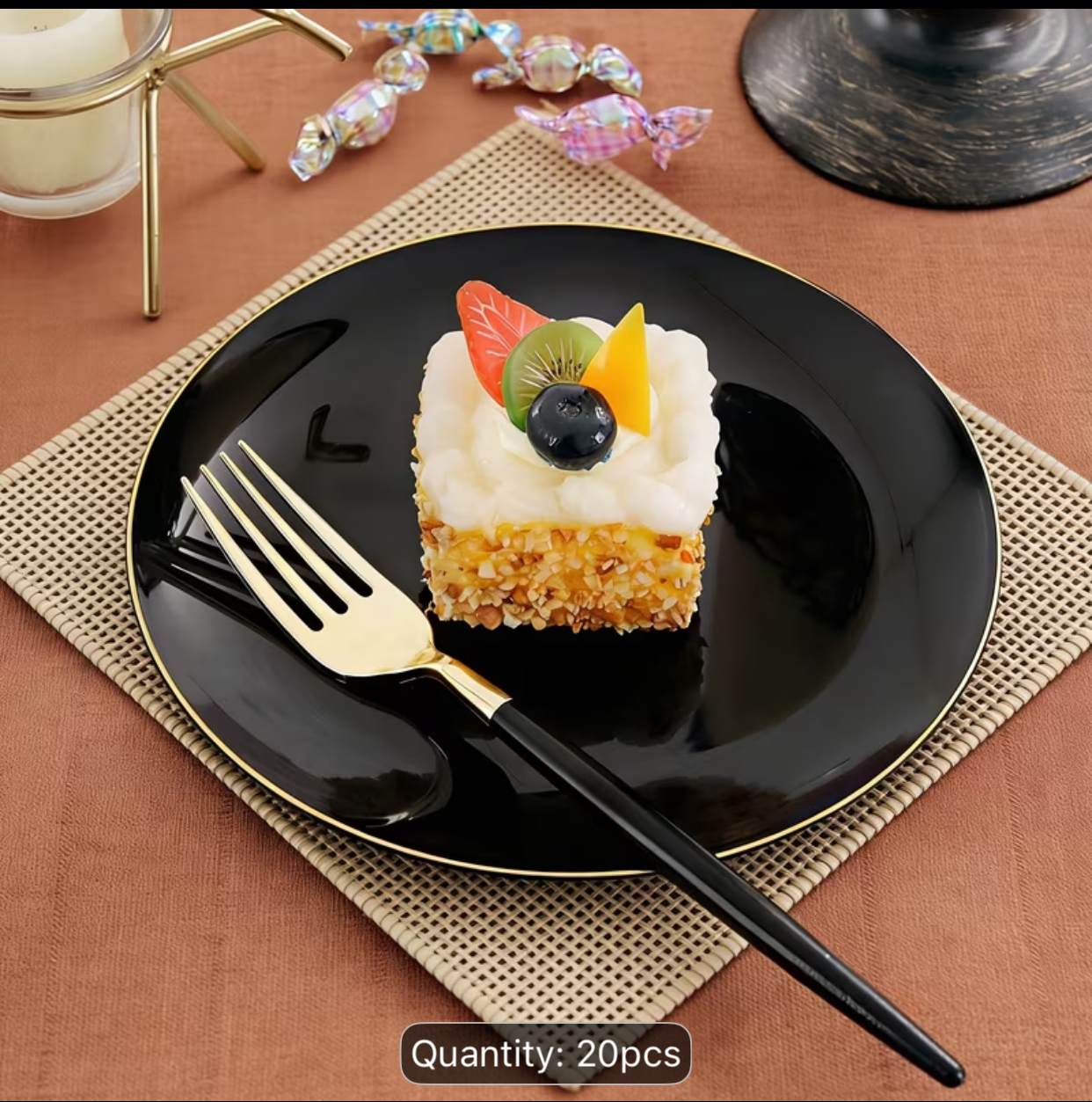 20-Piece Glossy Black and Gold Tableware Set – 10 Elegant Gold-Rimmed Dinner Plates and 10 Two-Tone Black-Handled Metallic Dinner Forks 3