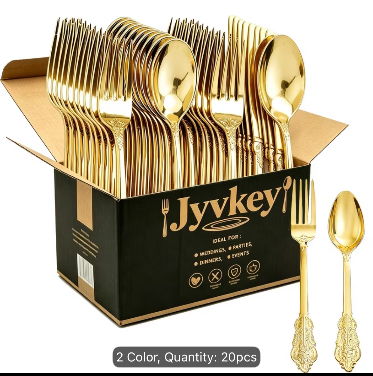 20-Piece Jyvkey Baroque Gold Plastic Cutlery Set – Premium Disposable Heavy-Duty Spoon and Fork Combo for Corporate Events and Weddings