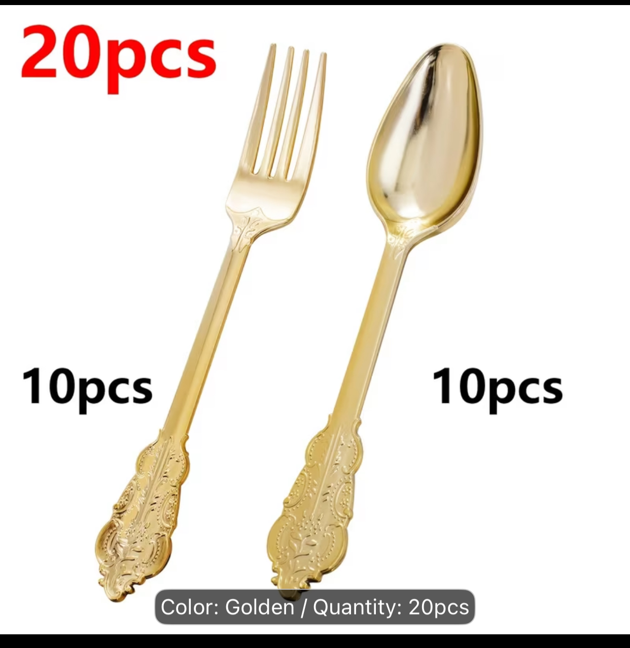 20-Piece Jyvkey Baroque Gold Plastic Cutlery Set – Premium Disposable Heavy-Duty Spoon and Fork Combo for Corporate Events and Weddings 3
