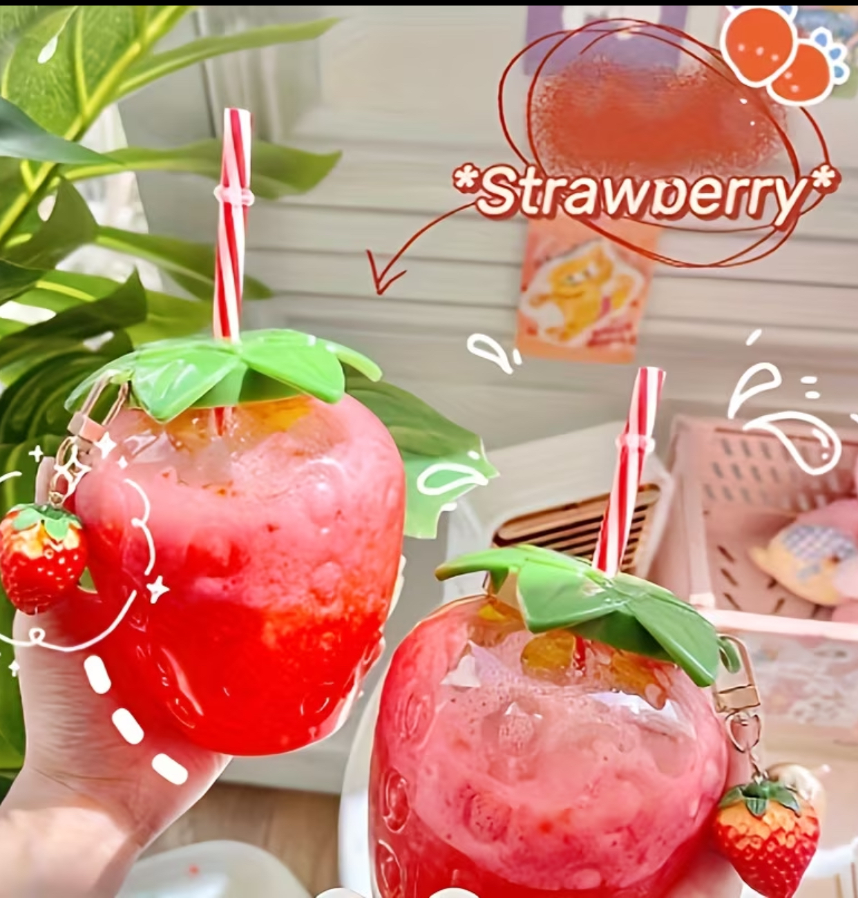 Strawberry-Shaped Reusable Plastic Tumbler – Cute Cold Drink Sippy Cup with Silicone Leaf Lid, Striped Straw, and Fruit Charm