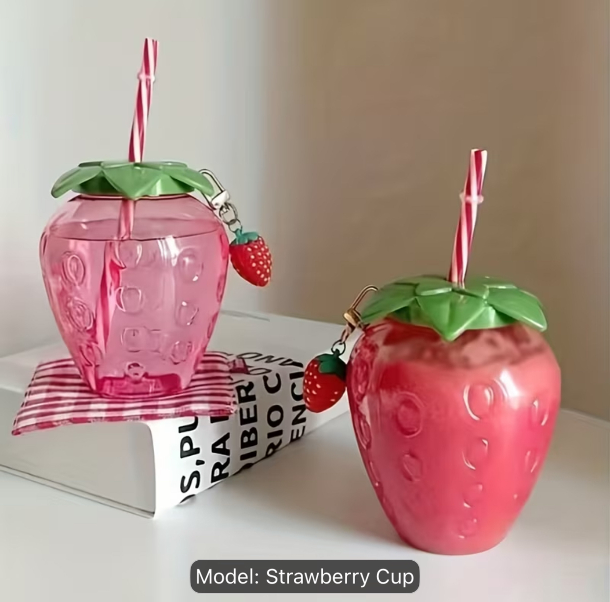 Strawberry-Shaped Reusable Plastic Tumbler – Cute Cold Drink Sippy Cup with Silicone Leaf Lid, Striped Straw, and Fruit Charm 2