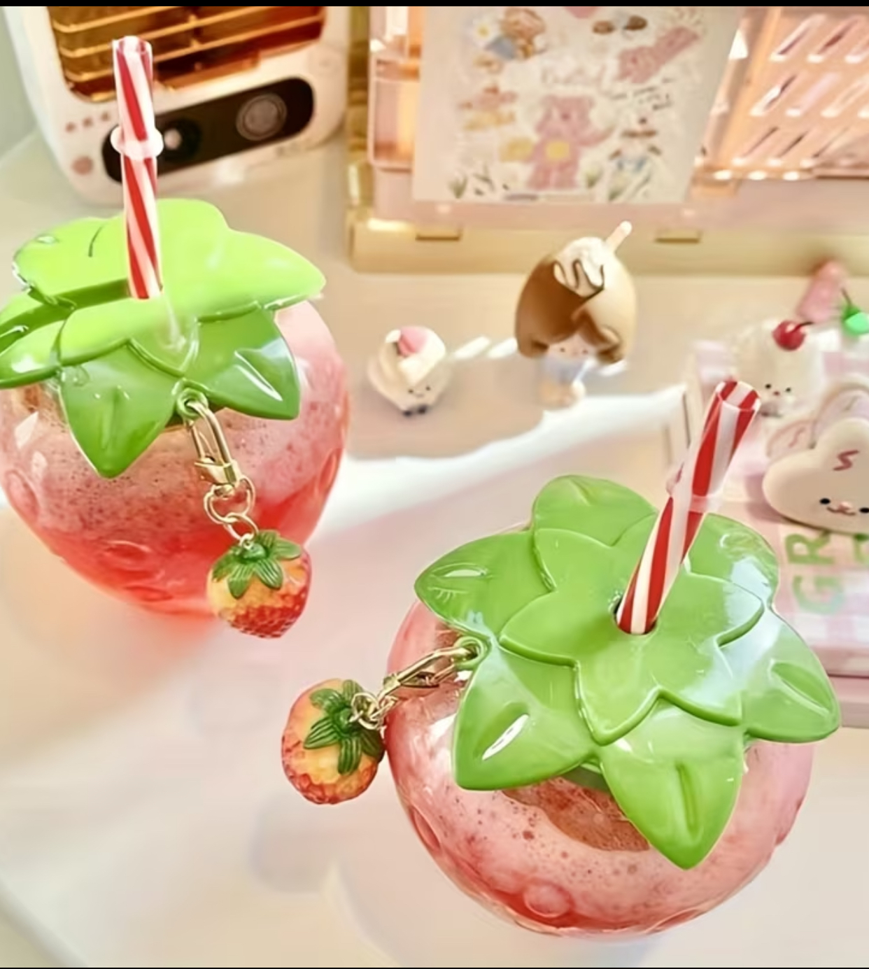 Strawberry-Shaped Reusable Plastic Tumbler – Cute Cold Drink Sippy Cup with Silicone Leaf Lid, Striped Straw, and Fruit Charm 3