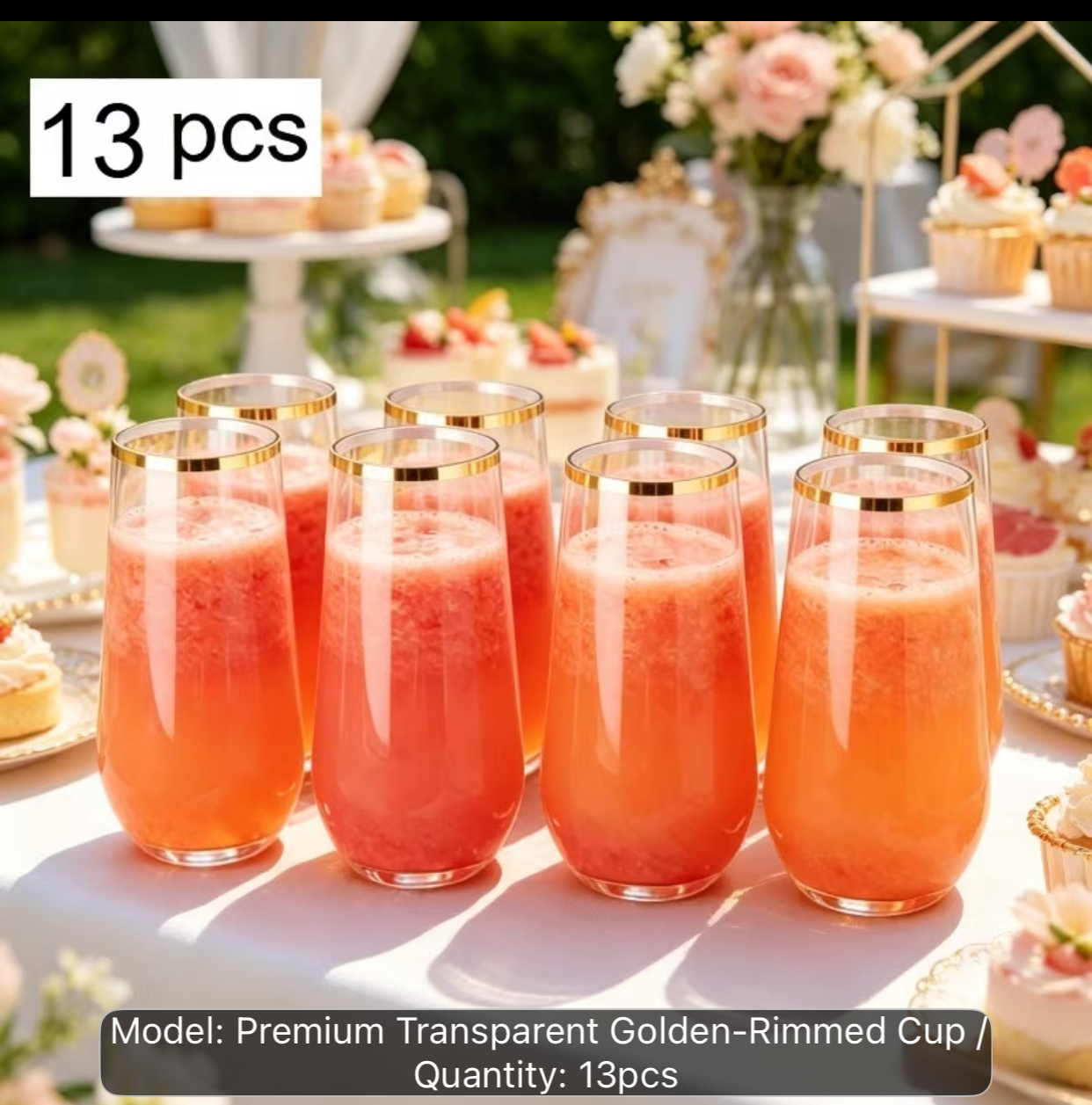 13-Piece Premium Transparent Golden-Rimmed Highball Glasses – Elegant Shatterproof Acrylic Water and Juice Tumblers for Party Tablescapes