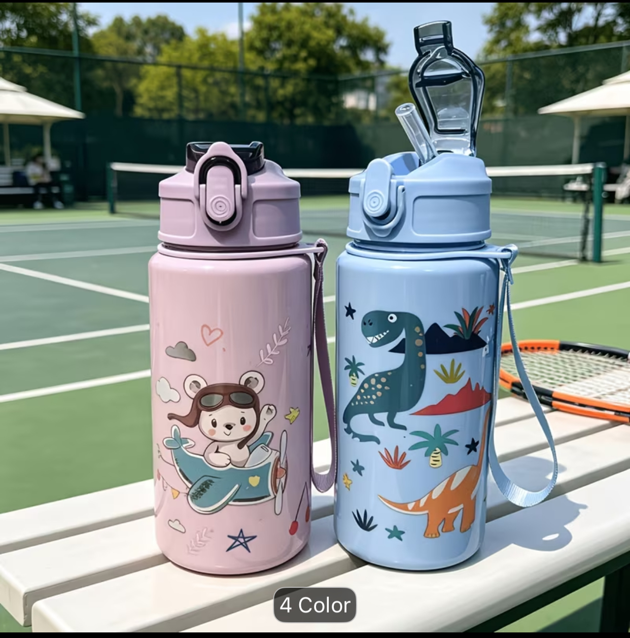 Dinosaur-Themed Insulated Kids Water Bottle – Durable Stainless Steel Sports Thermos Flask with Flip-Top Locking Straw Lid and Carry Strap