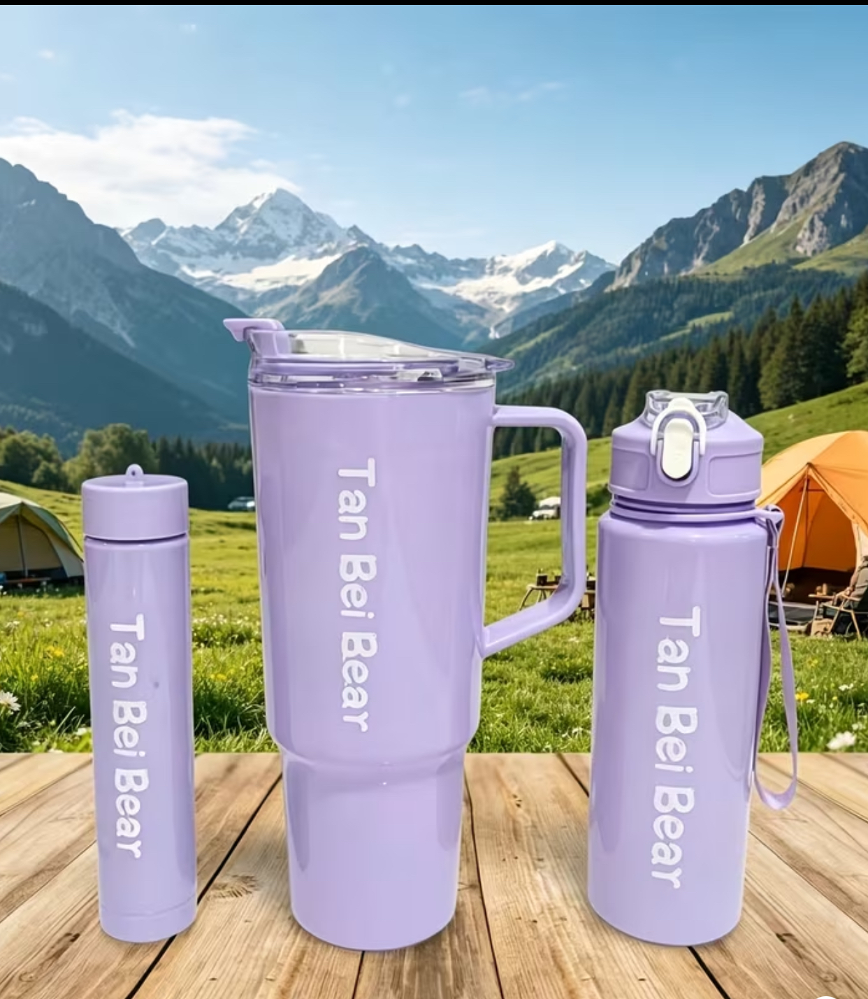 3-Piece Pastel Purple Tan Bei Bear Drinkware Trio – Matching Insulated Travel Mug, Sports Straw Bottle, and Compact Thermal Flask Set