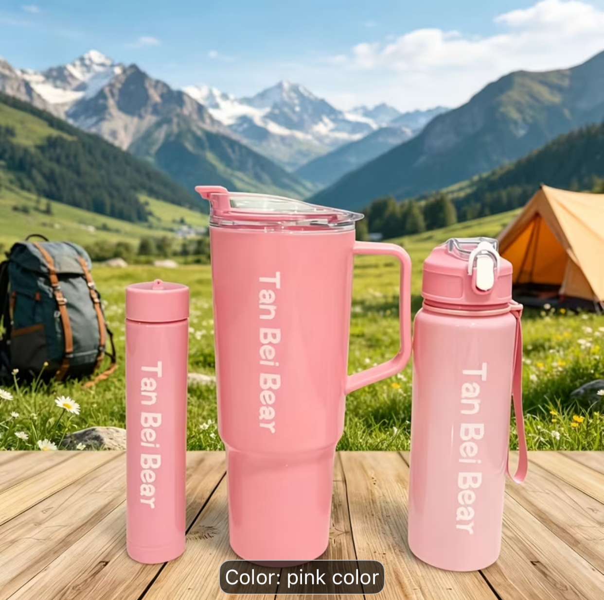 3-Piece Pastel Purple Tan Bei Bear Drinkware Trio – Matching Insulated Travel Mug, Sports Straw Bottle, and Compact Thermal Flask Set 2
