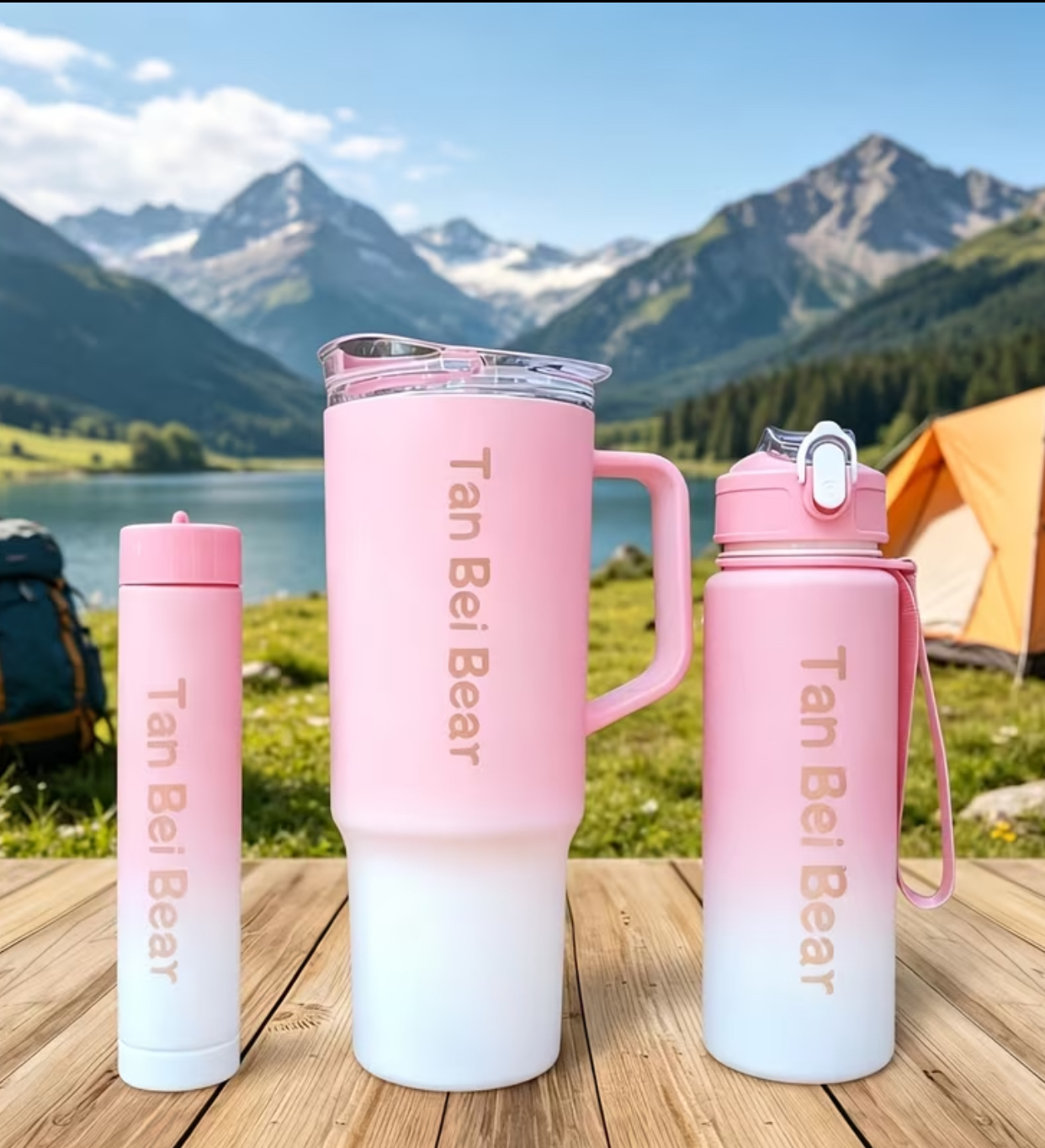 3-Piece Pastel Purple Tan Bei Bear Drinkware Trio – Matching Insulated Travel Mug, Sports Straw Bottle, and Compact Thermal Flask Set 3