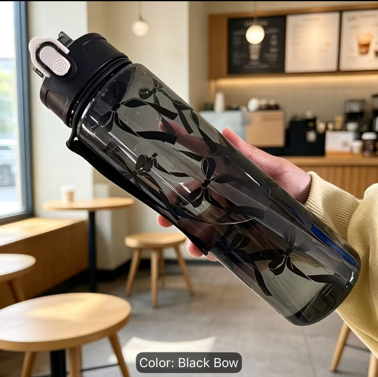 Cozy Black Ribbon Patterned Sports Water Bottle – Smoked Clear High-Capacity Gym Flask with Leak-Proof Locking Lid and Carry Loop