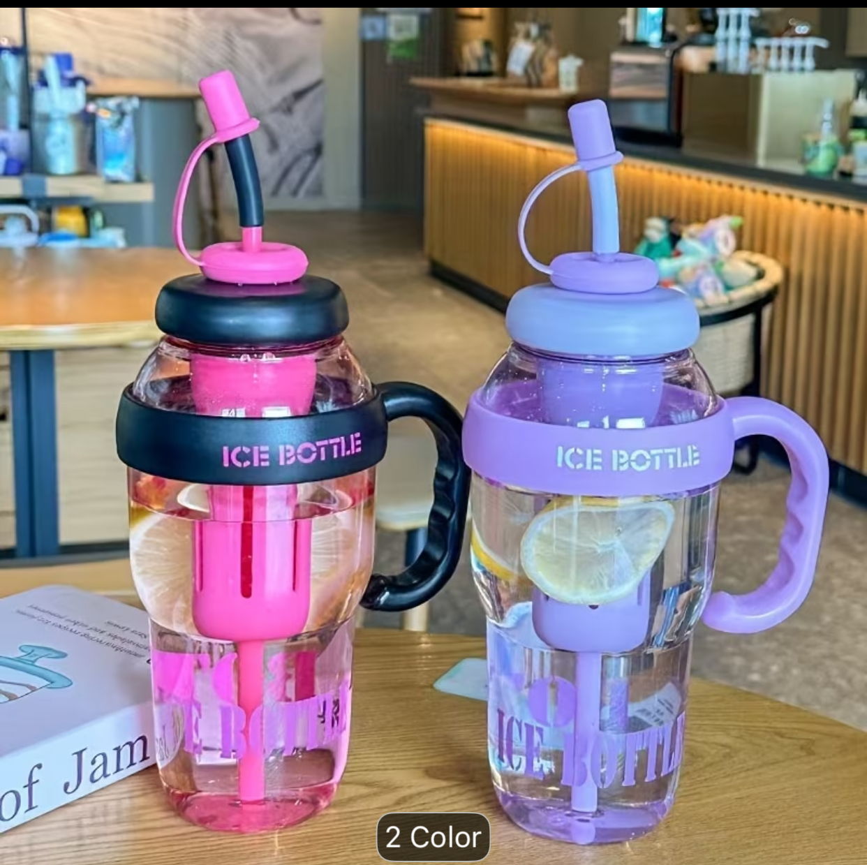 Pink Tinted Ice Bottle with Built-In Freezing Column – Large Capacity Sports Mug with Integrated Handle and Spill-Proof Straw Cap