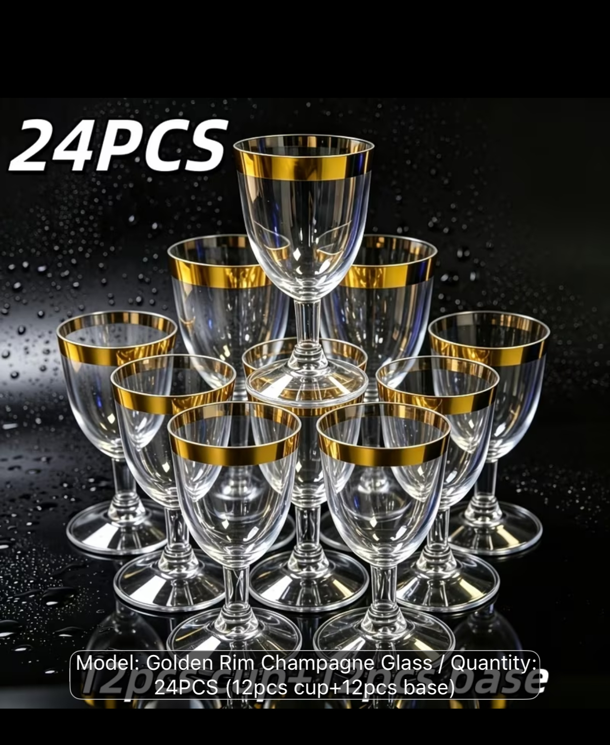 24-Piece Gold Rimmed Plastic Champagne Glasses – 2-Piece Snap-Assembly Elegant Clear Goblets for Wine and Toasts at Catered Receptions