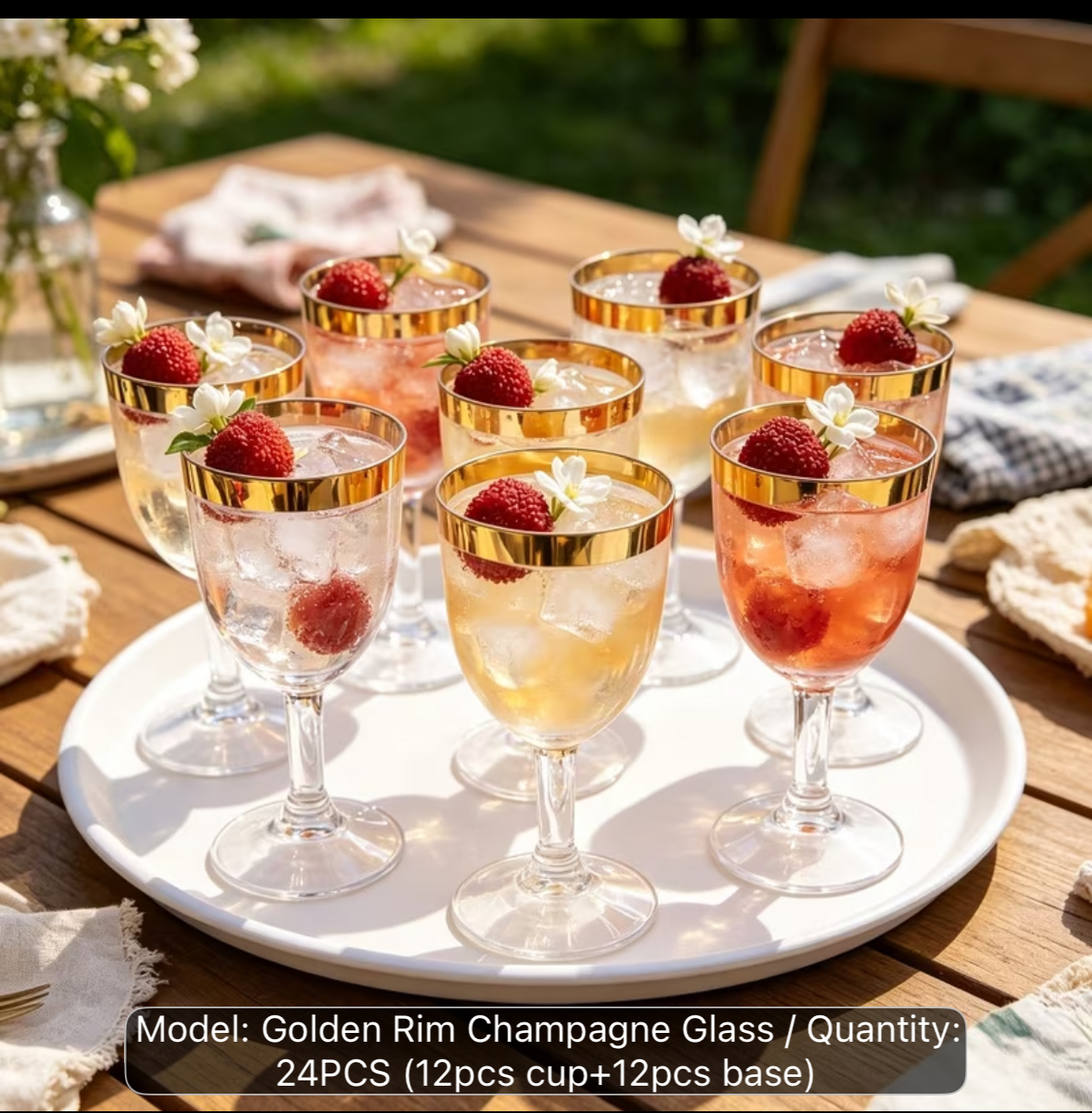 24-Piece Gold Rimmed Plastic Champagne Glasses – 2-Piece Snap-Assembly Elegant Clear Goblets for Wine and Toasts at Catered Receptions 3