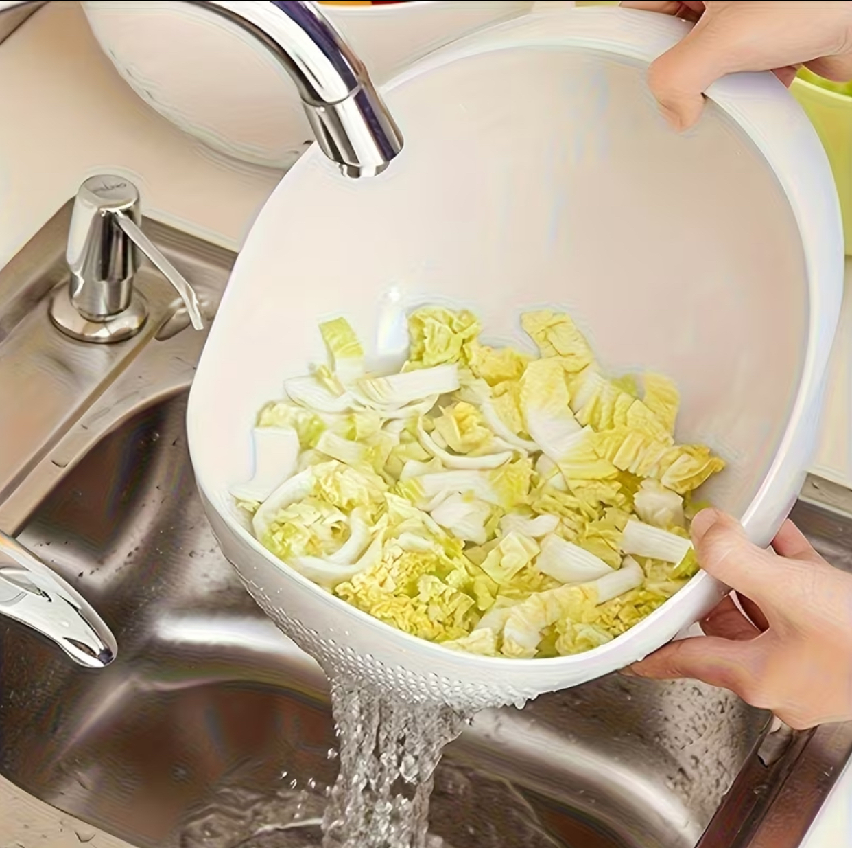 Ergonomic Rice Washing Bowl with Integrated Side Strainer – Multi-Functional White Fruit and Vegetable Drainer Colander Basker 2