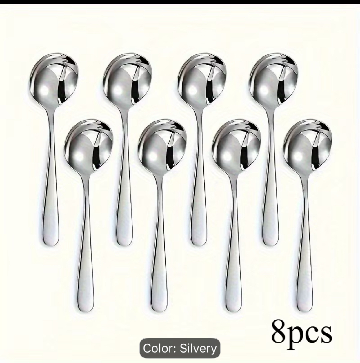 8-Piece Silvery Stainless Steel Dessert Spoon Set – Polished Round Soup Spoons and Mirror-Finished Dinner Teaspoons for Everyday Table Settings