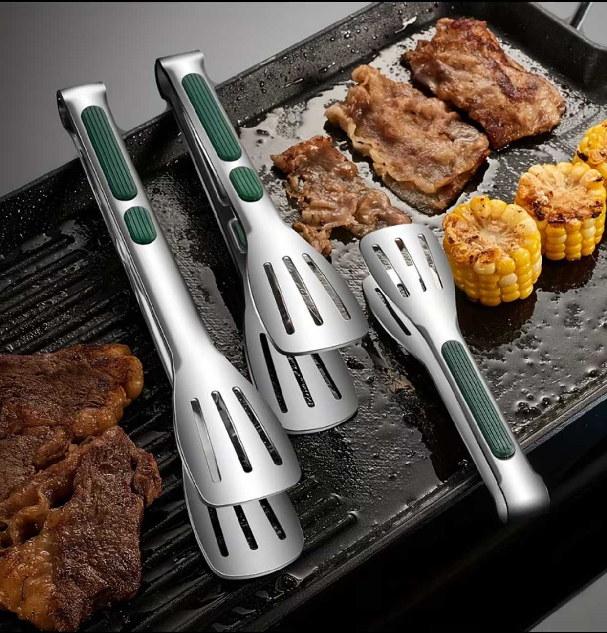 Stainless Steel Cooking Tongs Set – Non-Slip Heavy-Duty BBQ and Kitchen Serving Tongs with Heat-Resistant Green Finger Grips 3