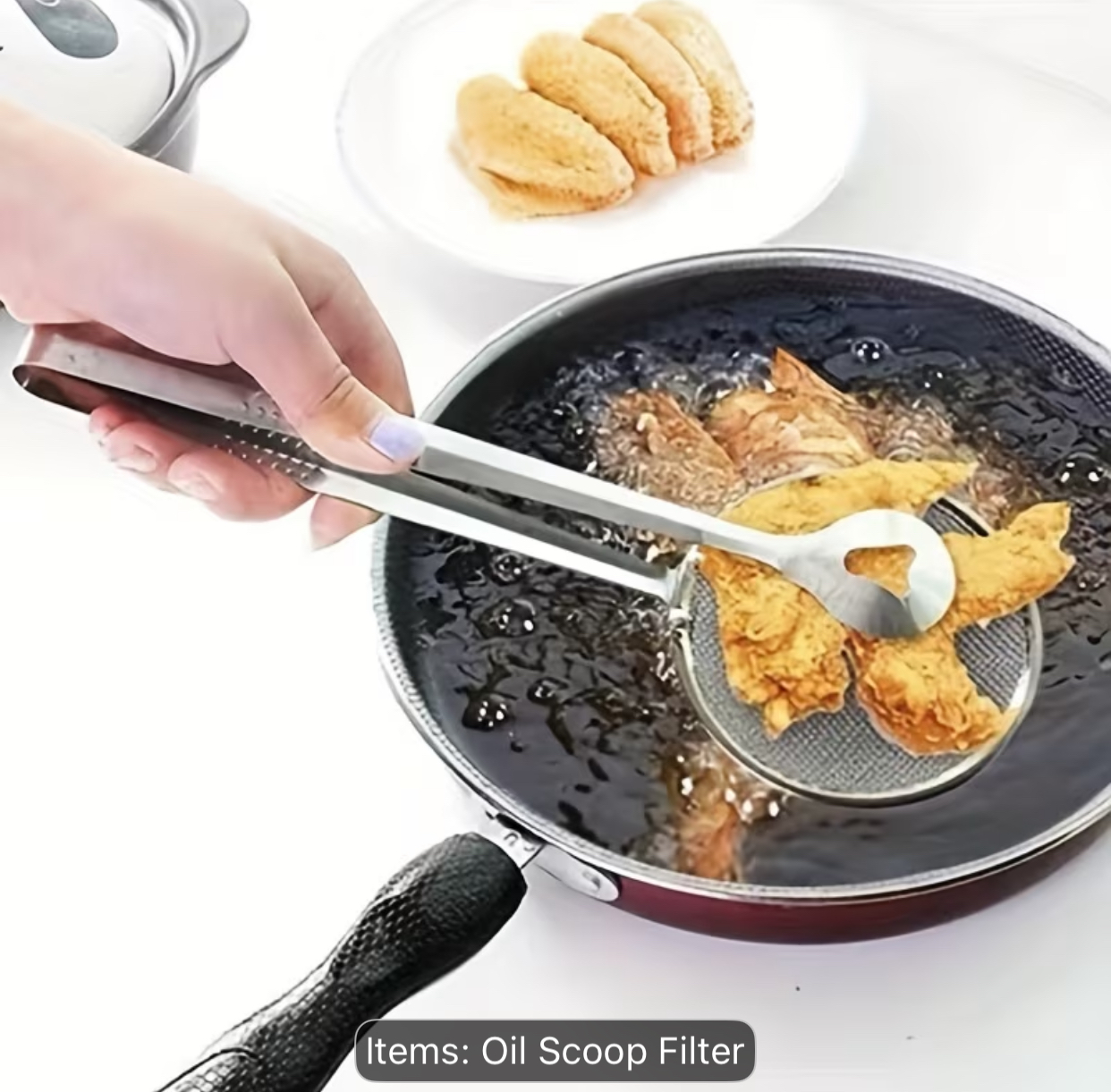 2-in-1 Stainless Steel Deep Fry Mesh Colander Scoop – Creative Oil Skimmer Strainer Filter Combined with Integrated Food Tong Clip 2