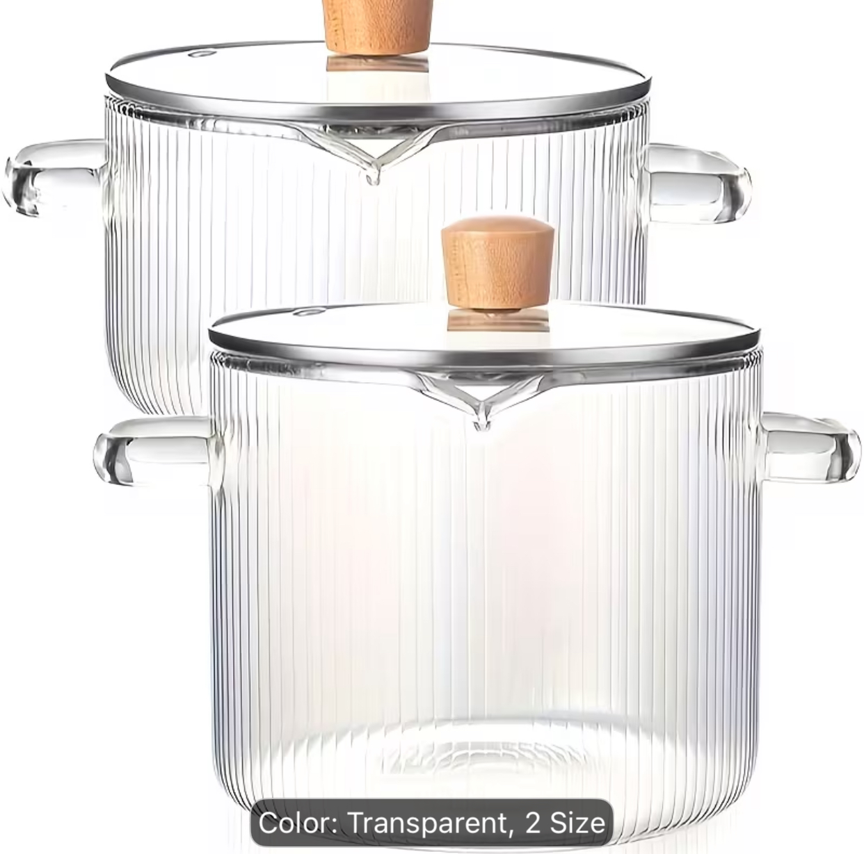 2-Piece Fluted Borosilicate Glass Cooking Pot Set – Heat-Resistant Transparent Casserole Soup Pots with Steaming Lids and Wooden Knobs