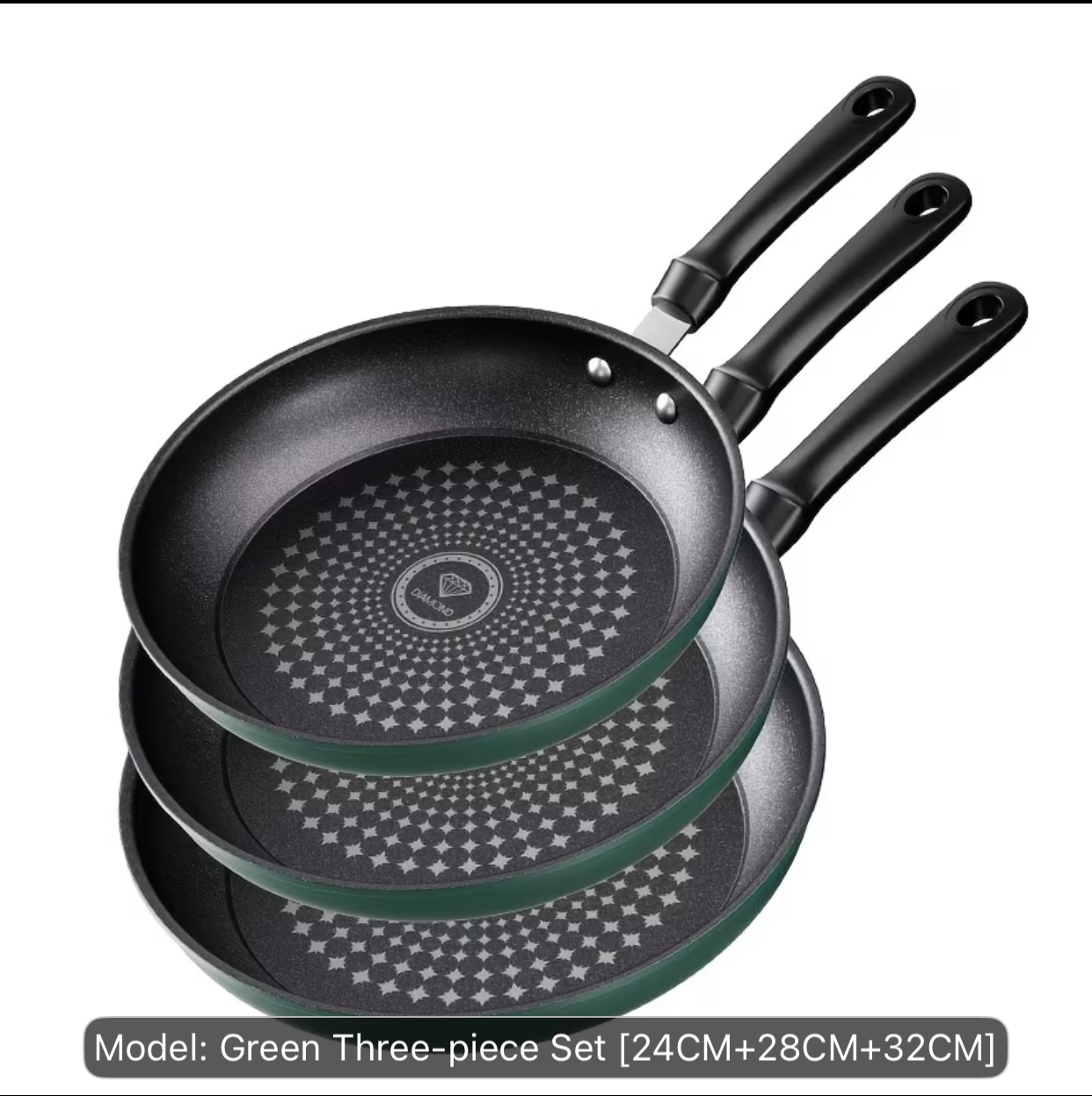 3-Piece Emerald Green Non-Stick Frying Pan Set – 24cm, 28cm, and 32cm Heavy-Duty Aluminum Skillet Trio with Textured Diamond Interior