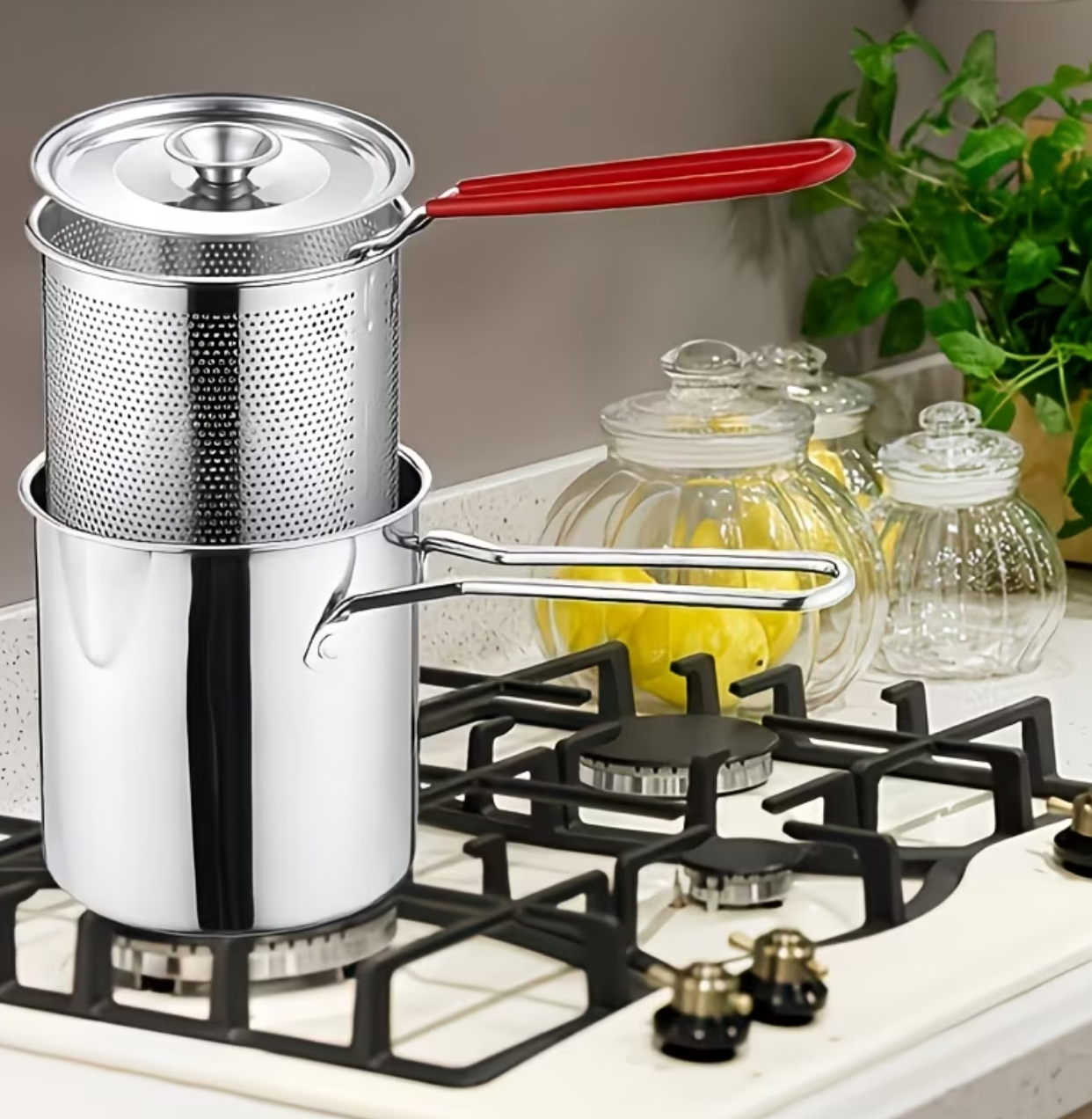3-Piece Stainless Steel Deep Fryer and Asparagus Pot Set – High-Capacity Multi-Cooker with Deep Fine-Mesh Strainer Basket Insert 3
