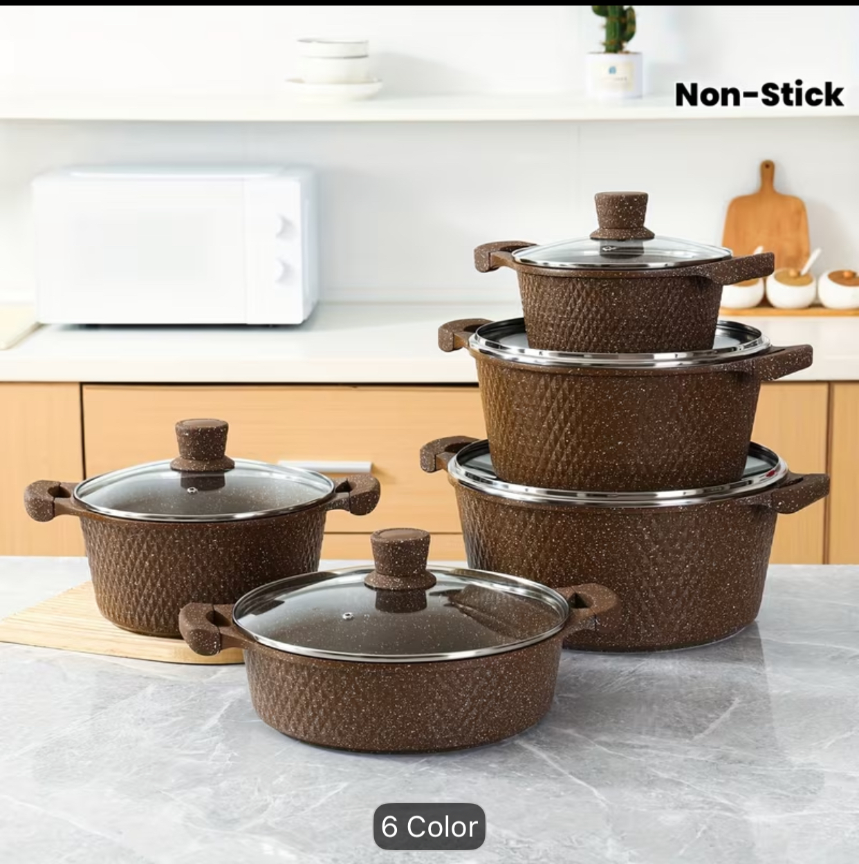 5-Piece Textured Earth-Brown Granite Cookware Set – Non-Stick Speckled Casserole Pots and Dutch Oven Set with Tempered Glass Lids