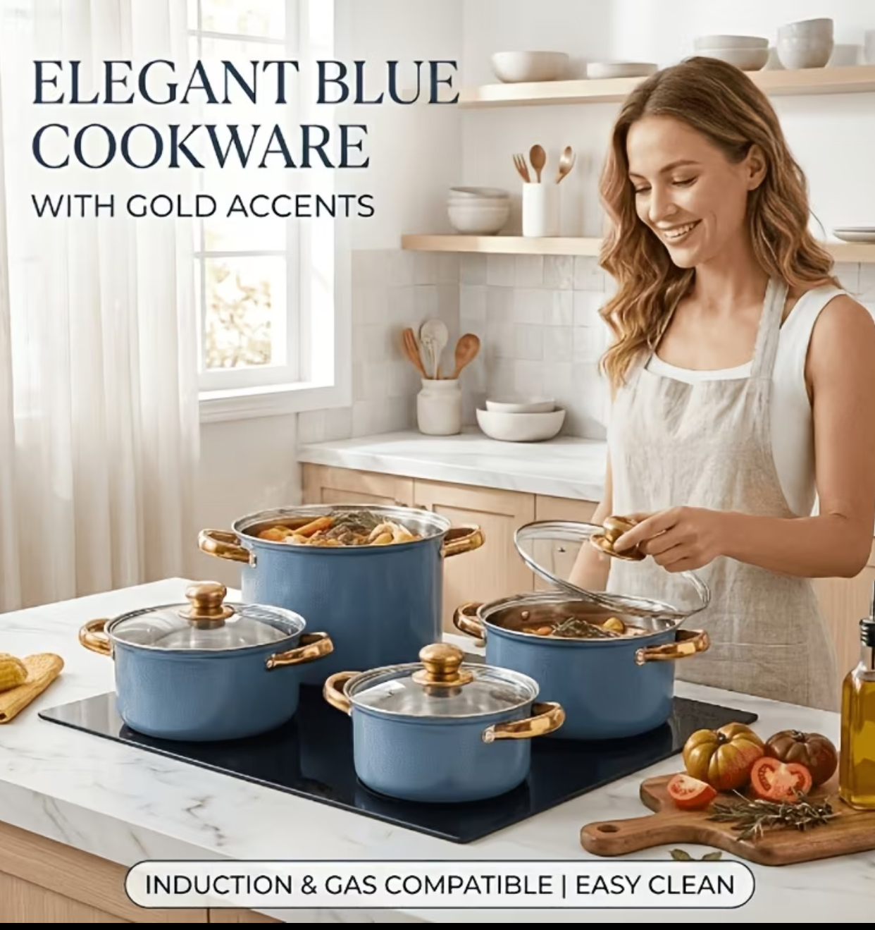 Elegant French Blue Cookware Set with Branded Gold Accents – Heavy-Duty Induction-Compatible Ceramic Casserole Pot and Stockpot Collection