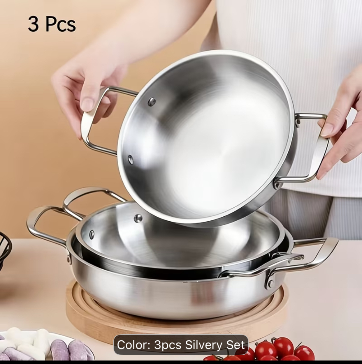 3-Piece Double-Handled Stainless Steel Paella Pan Set – Stackable Silvery Shallow Skillets for Searing, Roasting, and Serving
