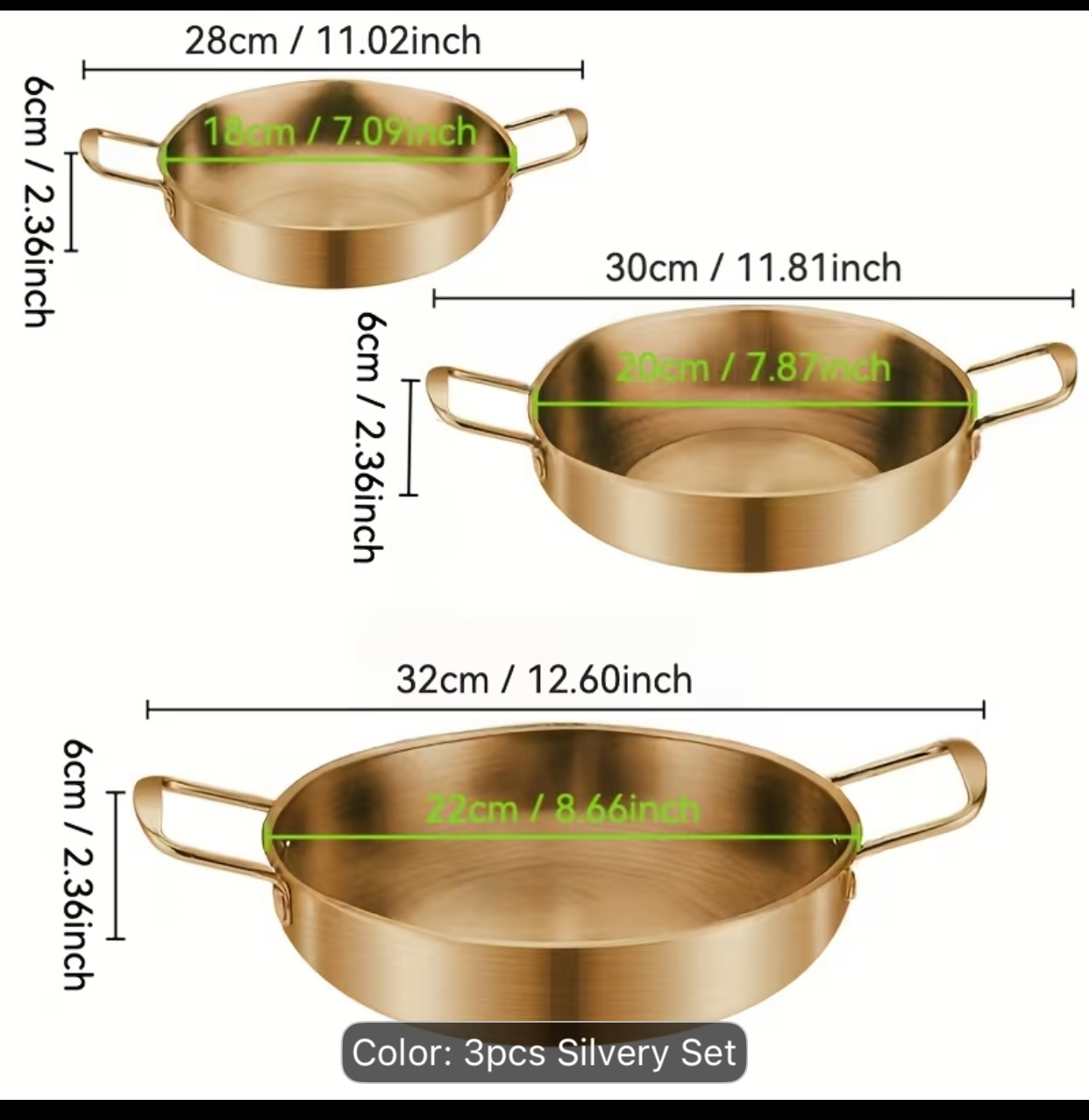 3-Piece Double-Handled Stainless Steel Paella Pan Set – Stackable Silvery Shallow Skillets for Searing, Roasting, and Serving 2