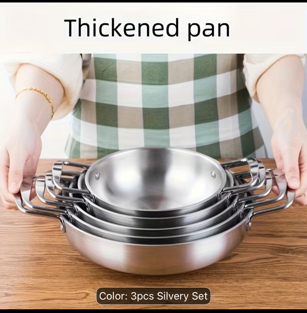 3-Piece Double-Handled Stainless Steel Paella Pan Set – Stackable Silvery Shallow Skillets for Searing, Roasting, and Serving 3