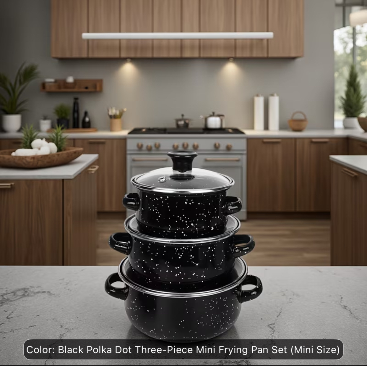 3-Piece Midnight Black Speckled Enamelware Pot Set – Mini Stackable Casserole Stockpots with Matching Lids for Small-Batch Cooking