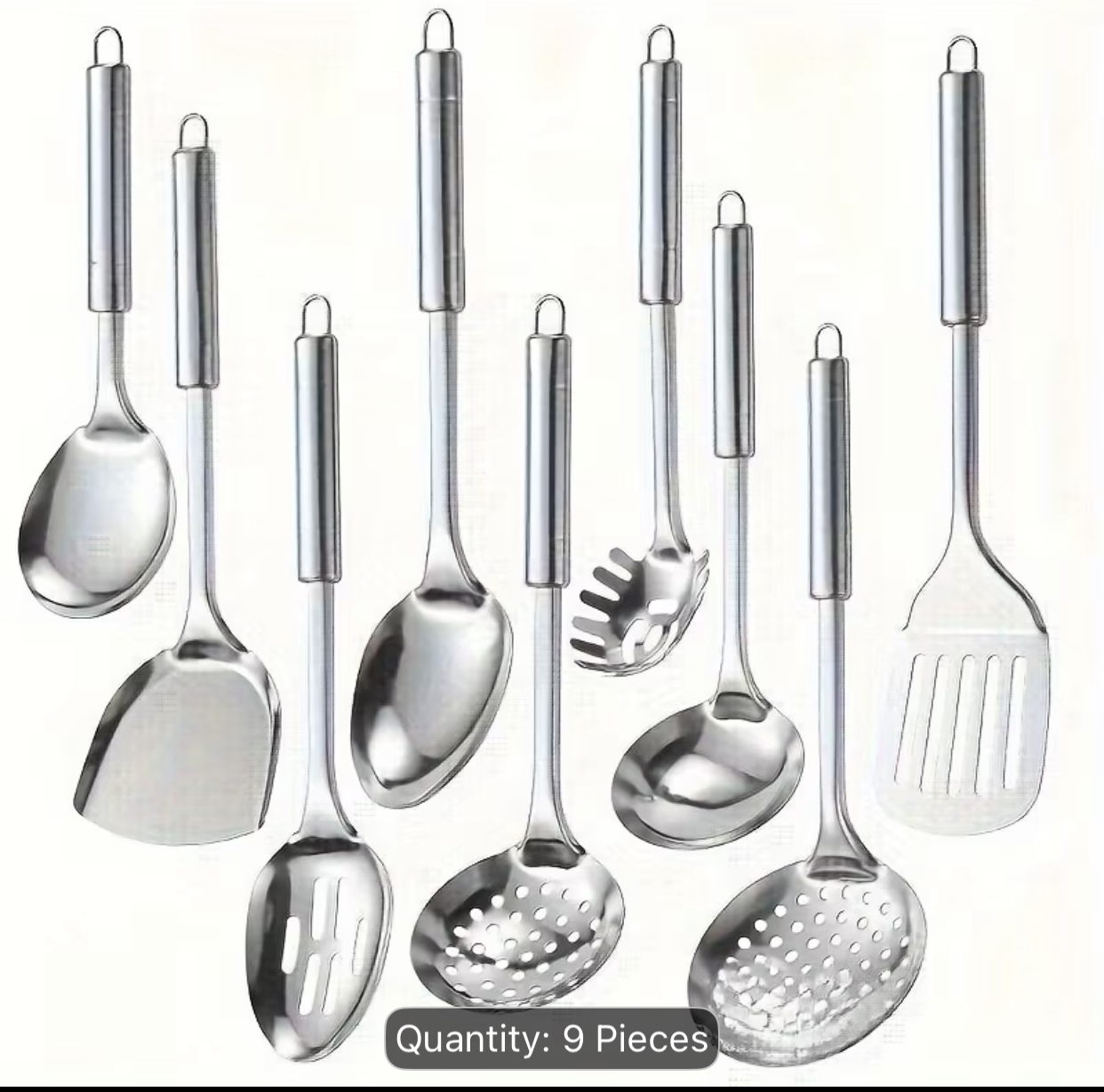 9-Piece Professional Stainless Steel Kitchen Utensil Set – Mirror-Finished Serving Spoons, Slotted Spatula, Pasta Fork, and Ladle Collection