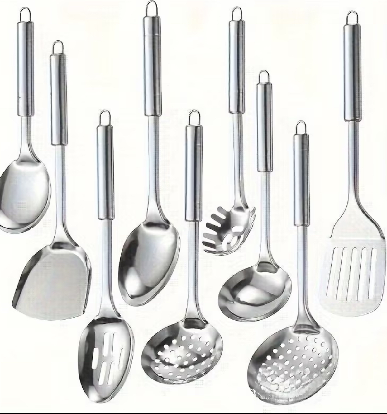 9-Piece Professional Stainless Steel Kitchen Utensil Set – Mirror-Finished Serving Spoons, Slotted Spatula, Pasta Fork, and Ladle Collection 2