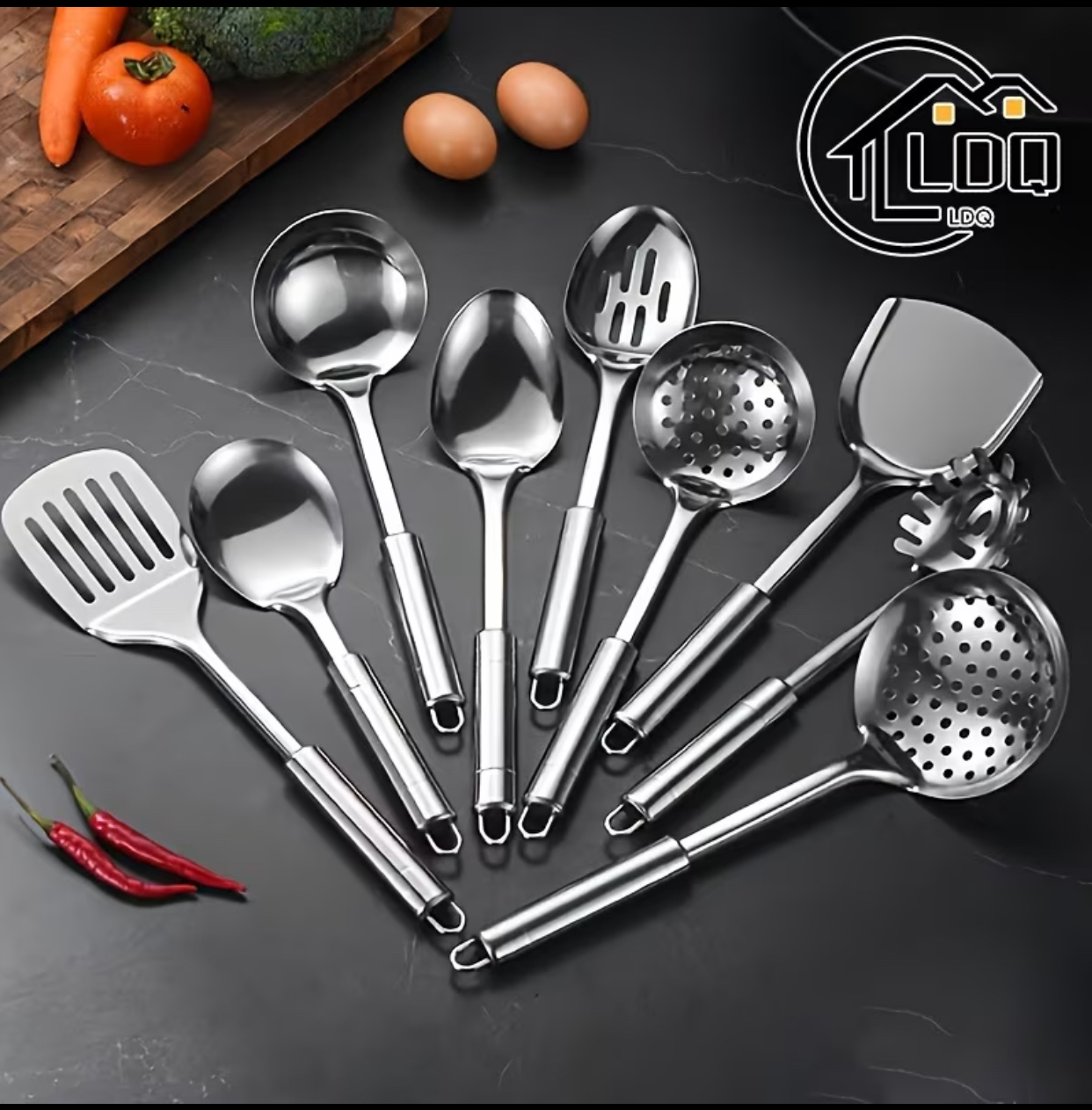 9-Piece Professional Stainless Steel Kitchen Utensil Set – Mirror-Finished Serving Spoons, Slotted Spatula, Pasta Fork, and Ladle Collection 3