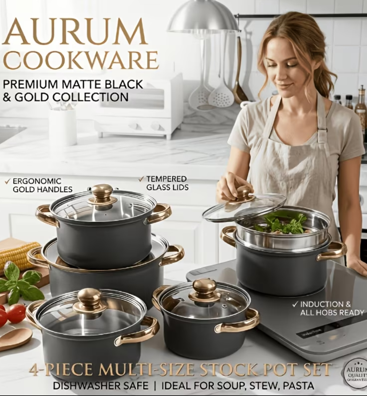 Matte Black Elegance 5-Piece Premium Cookware Set – Professional Non-Stick Cookware Suite with Rose Gold Handles for Induction Stoves
