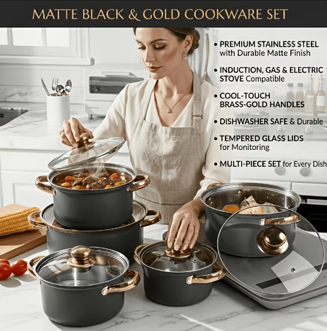 Matte Black Elegance 5-Piece Premium Cookware Set – Professional Non-Stick Cookware Suite with Rose Gold Handles for Induction Stoves 2