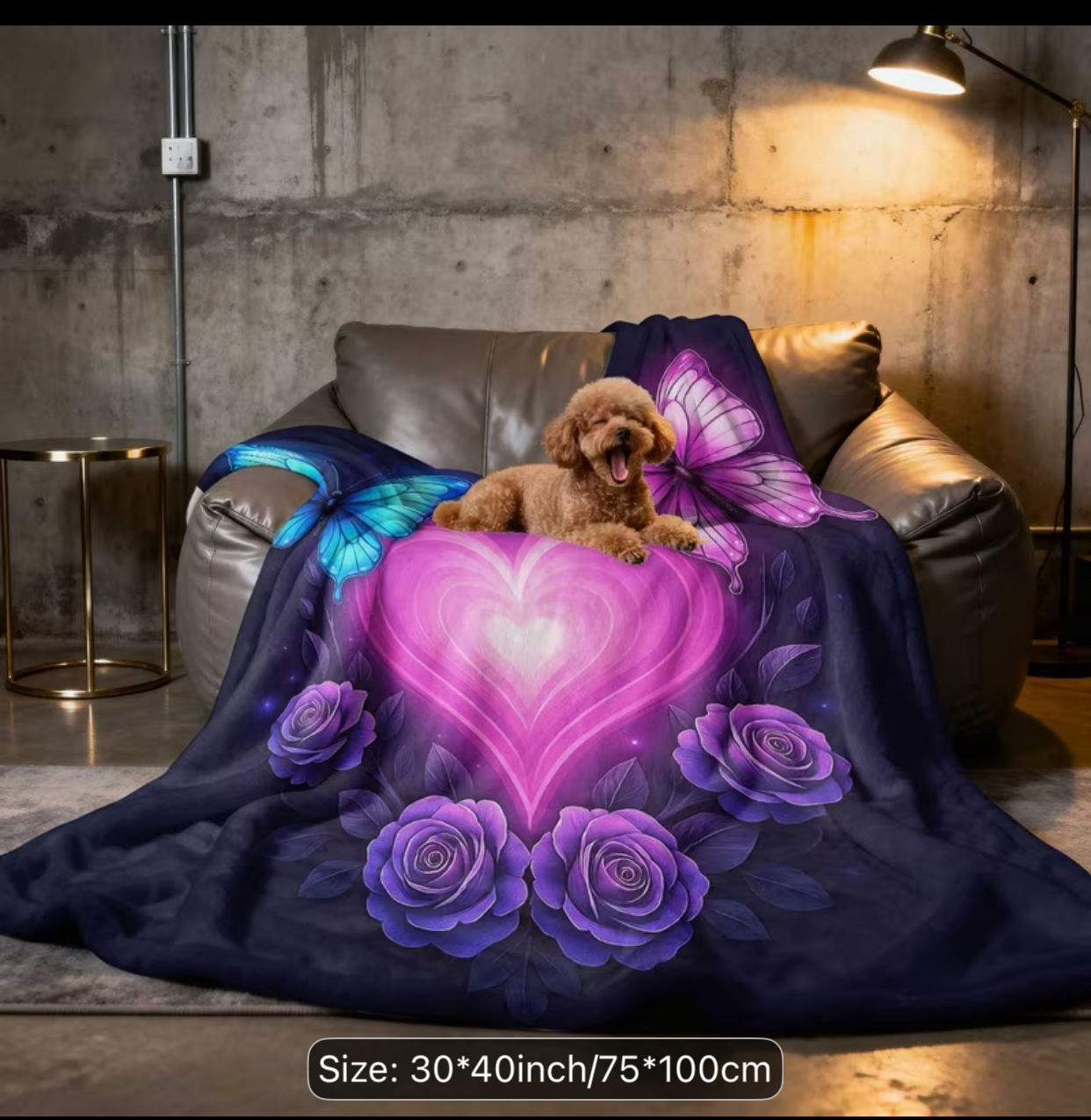 Romantic Luminous Heart & Purple Rose Fleece Blanket – Soft Flannel Throw for Bed or Couch (30x40 inch / 75x100 cm)