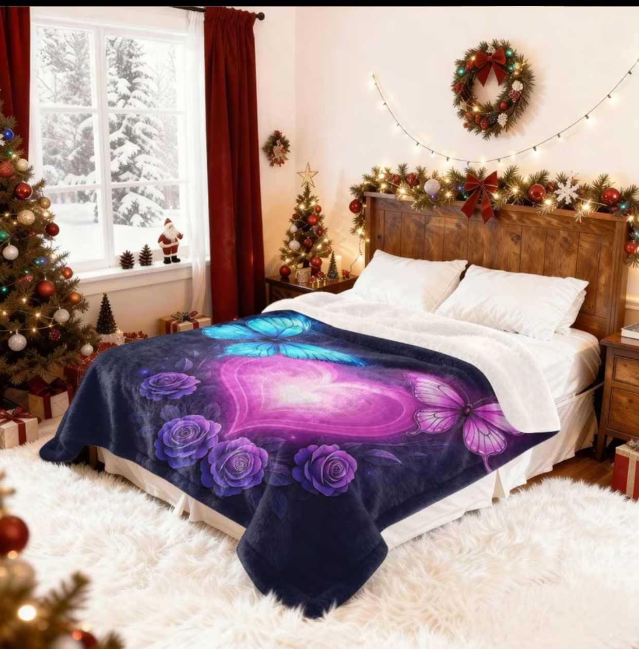 Romantic Luminous Heart & Purple Rose Fleece Blanket – Soft Flannel Throw for Bed or Couch (30x40 inch / 75x100 cm) 2