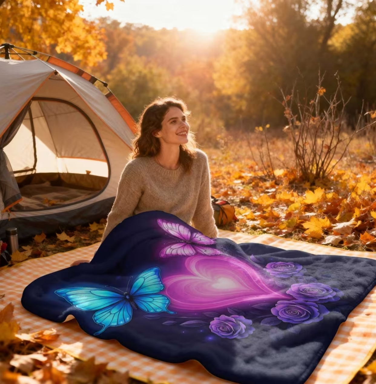 Romantic Luminous Heart & Purple Rose Fleece Blanket – Soft Flannel Throw for Bed or Couch (30x40 inch / 75x100 cm) 3